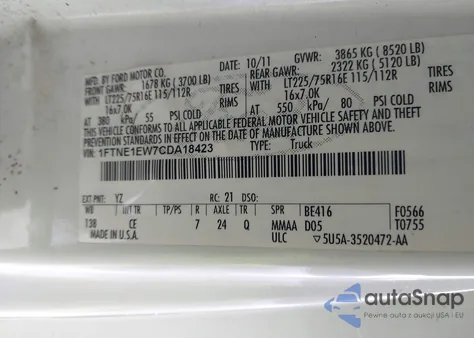 2012 Ford E-150 Commercial z USA, uszkodzony, nr VIN 1FTNE1EW7CDA18423